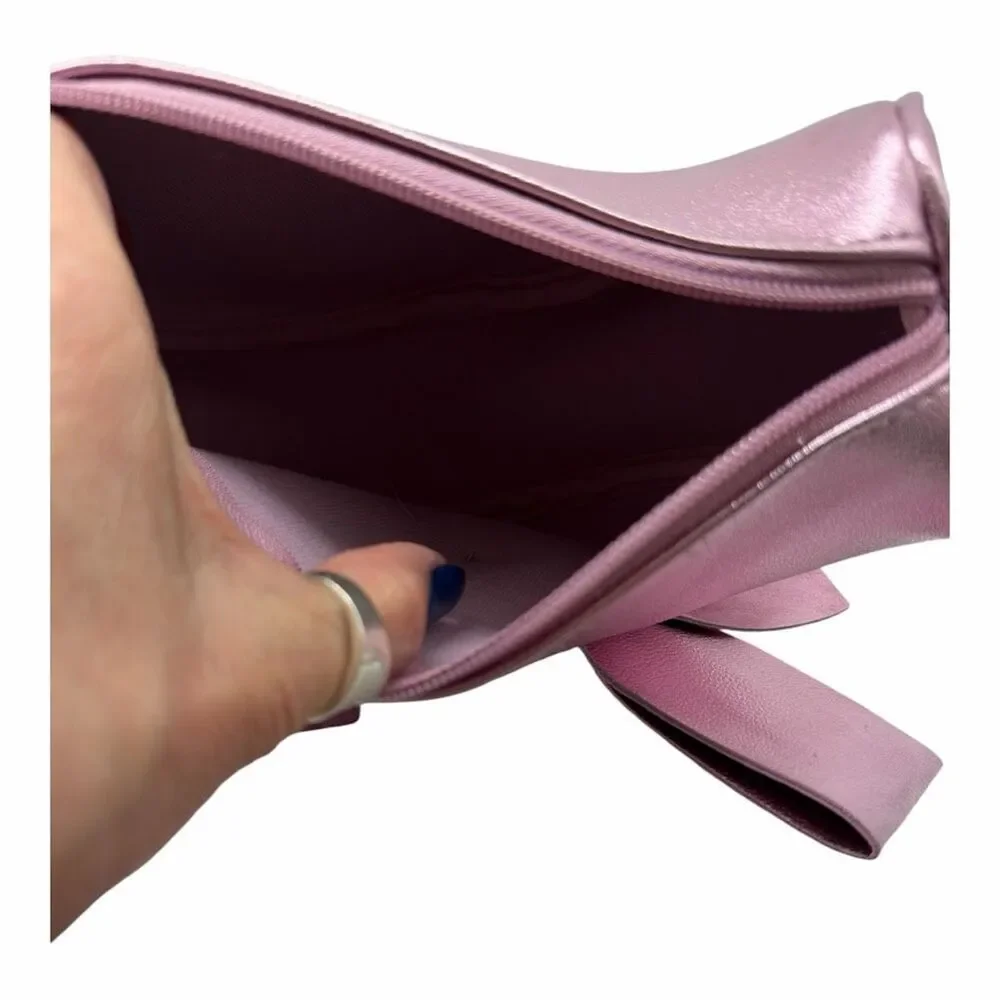 Bath Body Works Metallic Pink Bow Mini Cosmetic Bag Makeup Zippered Wristlet NWO